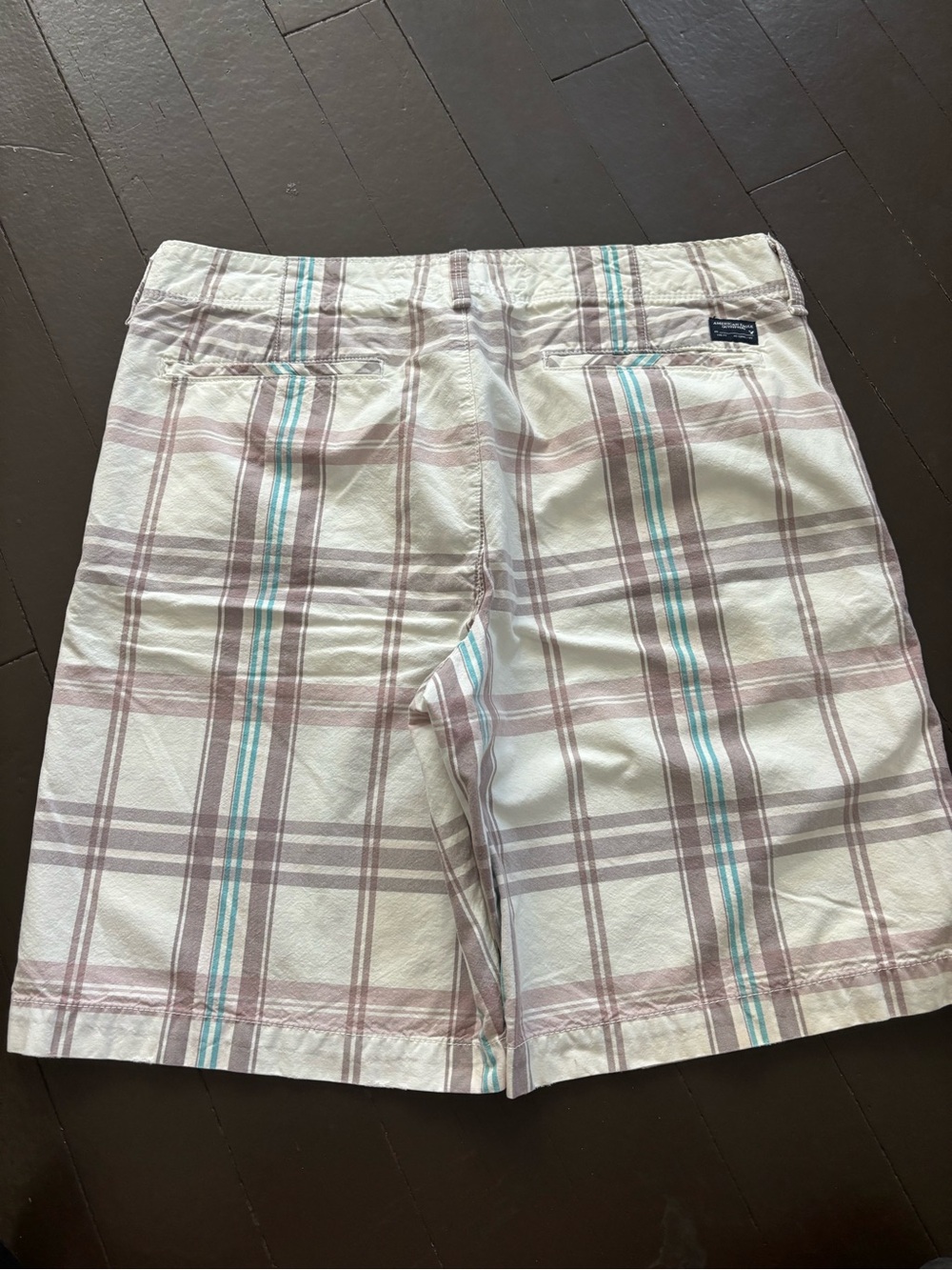 American Eagle Outfitters White Plaid Shorts with Teal and Light Brown Stripes